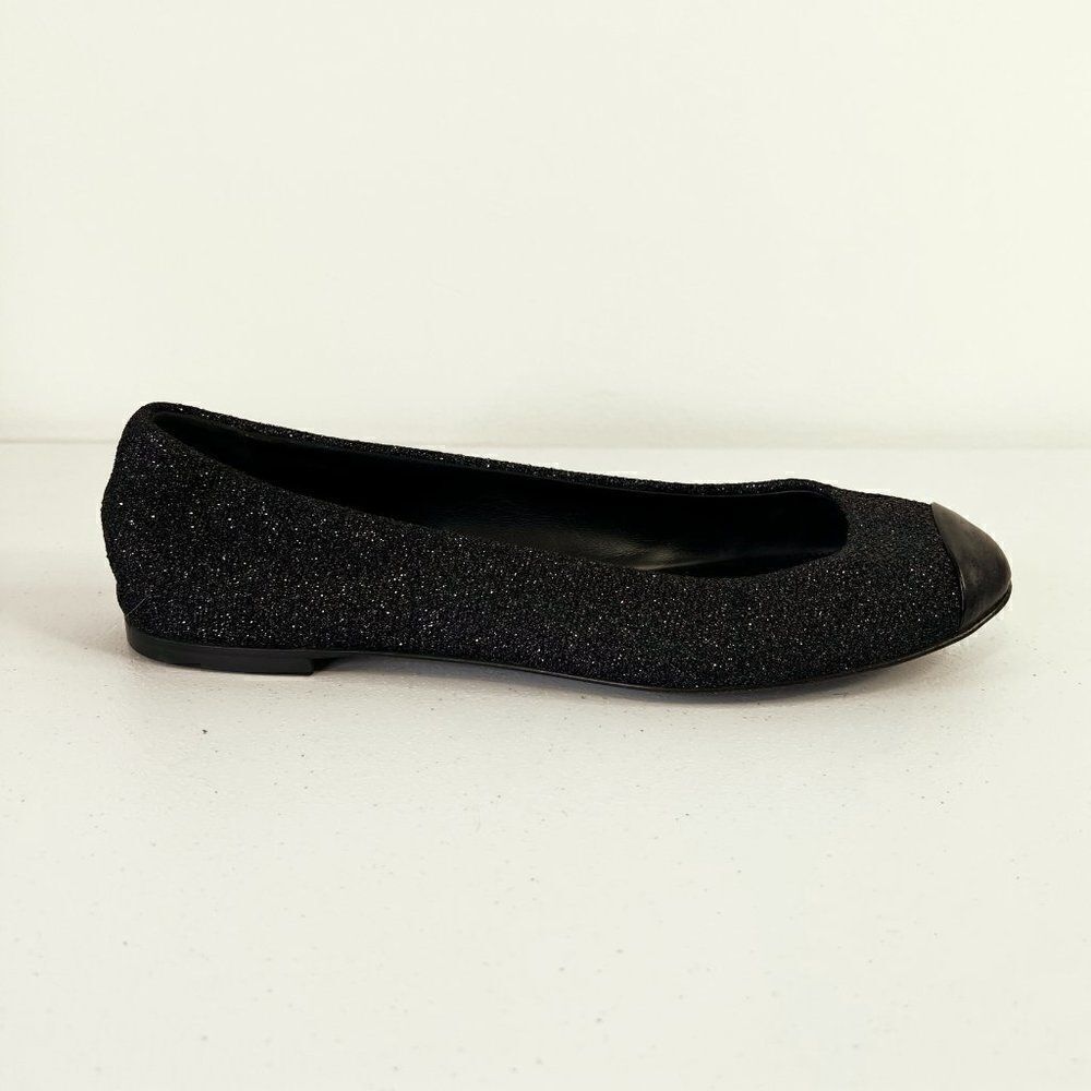 Giuseppe Zanotti Malika Black Leather Glitter Cap Toe Ballet Flats